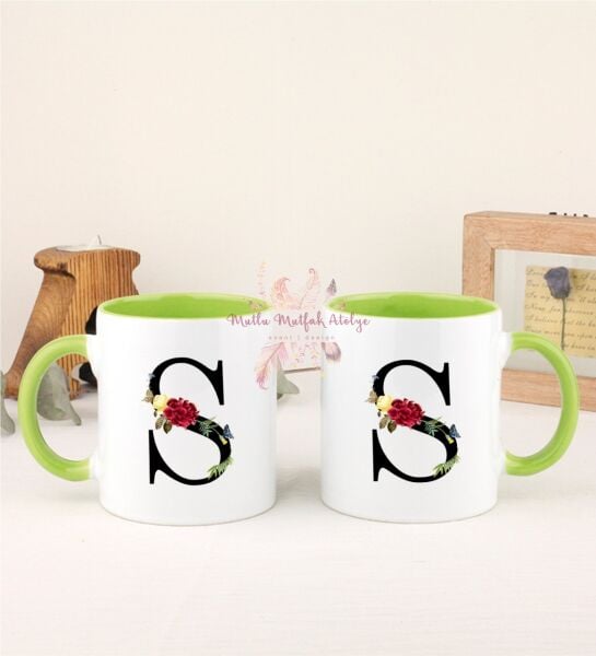 S Harfi Çiçek Desenli İkili Yeşil Kupa Bardak