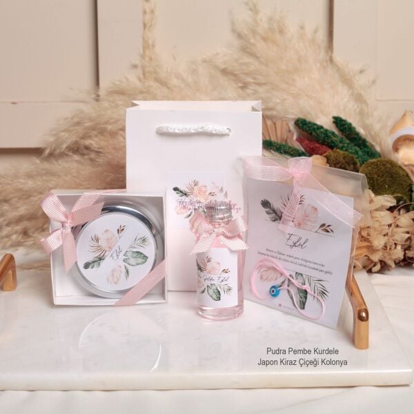 Hediyelik Ayna Karton Çanta, Kolonya ve Şans Bilekliği Seti Yenidoğan Bebek, Doğum Günü