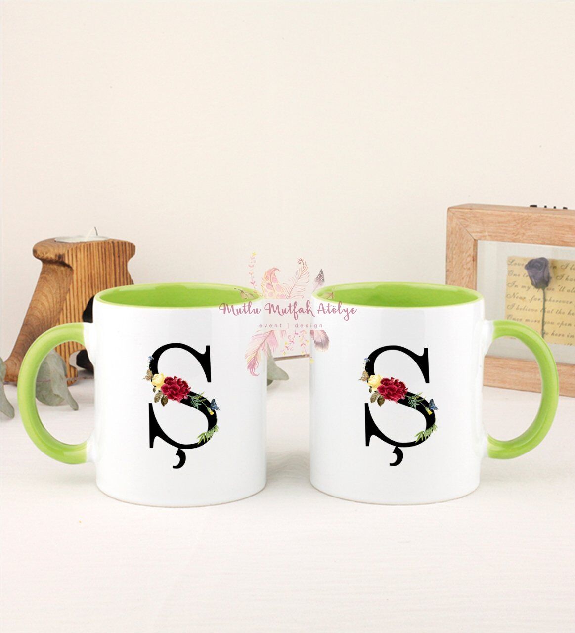 Ş Harfi Çiçek Desenli İkili Yeşil Kupa Bardak