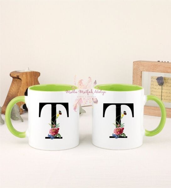 T Harfi Çiçek Desenli İkili Yeşil Kupa Bardak