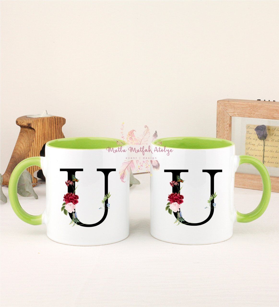 U Harfi Çiçek Desenli İkili Yeşil Kupa Bardak