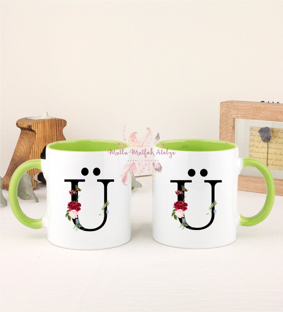 Ü Harfi Çiçek Desenli İkili Yeşil Kupa Bardak