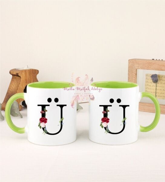 Ü Harfi Çiçek Desenli İkili Yeşil Kupa Bardak