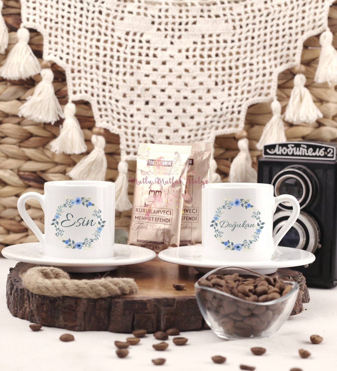 Kişiye Özel İsimli Çiçek Motifli İkili Türk Kahvesi Fincanı