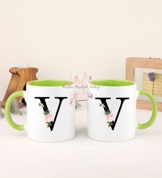 V Harfi Çiçek Desenli İkili Yeşil Kupa Bardak