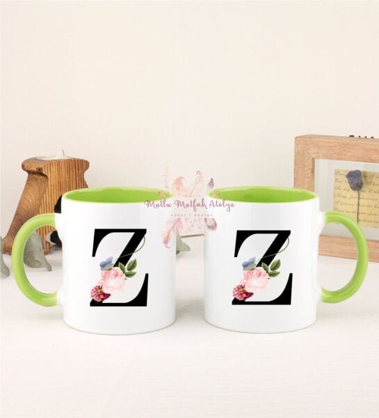 Z Harfi Çiçek Desenli İkili Yeşil Kupa Bardak