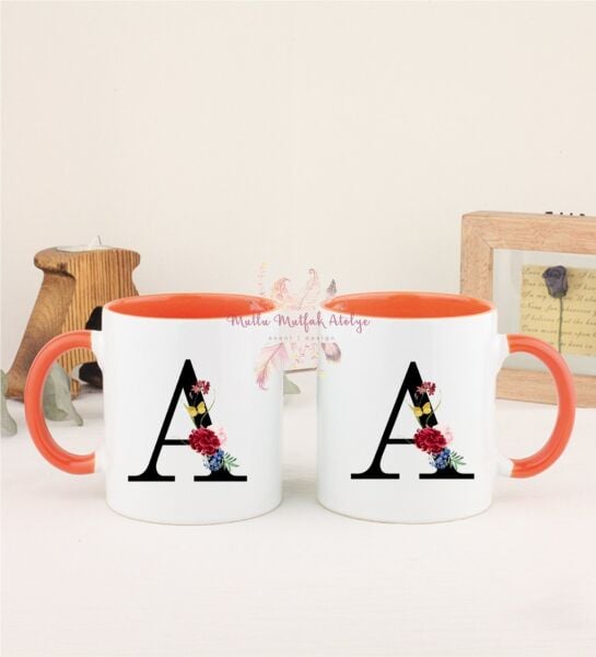 A Harfi Çiçek Desenliİkili Turuncu Kupa Bardak