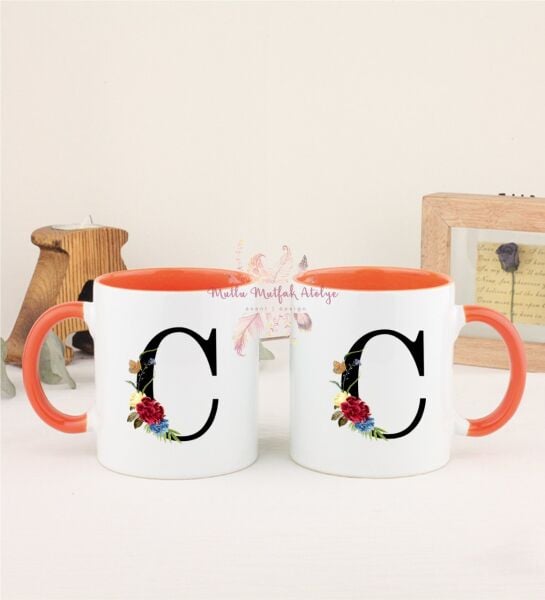 C Harfi Çiçek Desenliİkili Turuncu Kupa Bardak