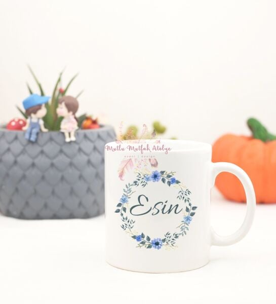 Kişiye Özel İsimli Çiçek Motifli Kupa Bardak