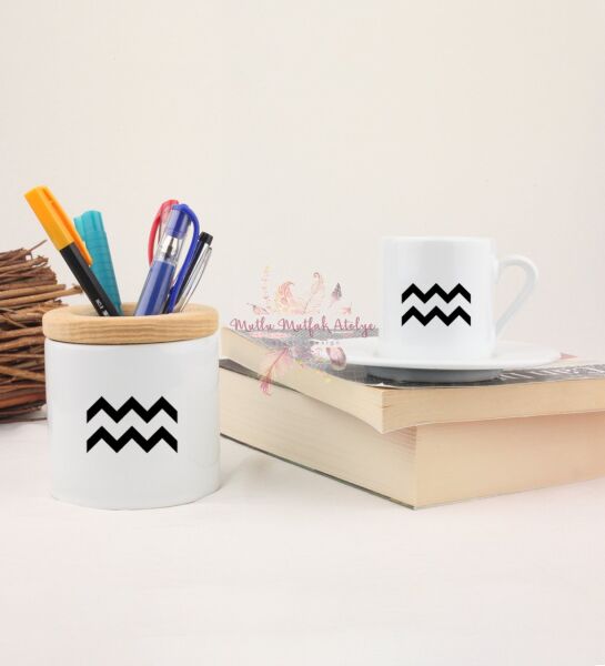 Türk Kahvesi Fincanı ve Kalemlik Seti Kova Burcu