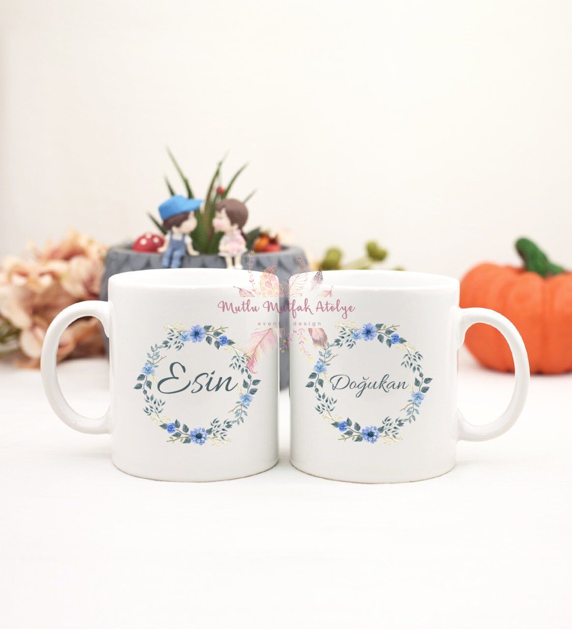 Kişiye Özel İsimli Çiçek Motifli İkili Kupa Bardak