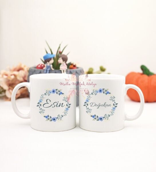 Kişiye Özel İsimli Çiçek Motifli İkili Kupa Bardak