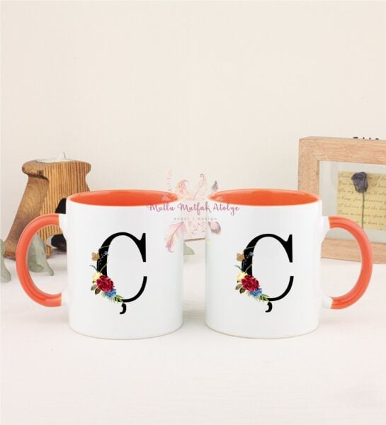 Ç Harfi Çiçek Desenli İkili Turuncu Kupa Bardak