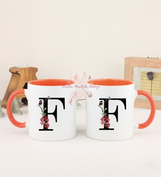 F Harfi Çiçek Desenli İkili Turuncu Kupa Bardak