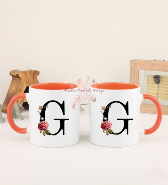 F Harfi Çiçek Desenli İkili Turuncu Kupa Bardak