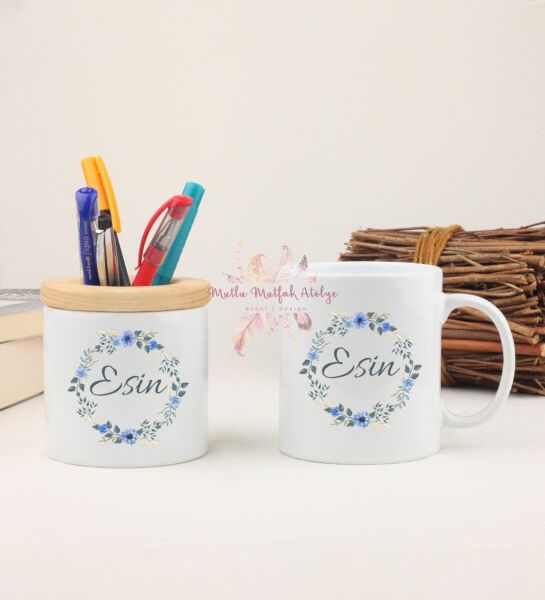 Kişiye Özel İsimli Çiçek Motifli Kalemlik ve Kupa Bardak