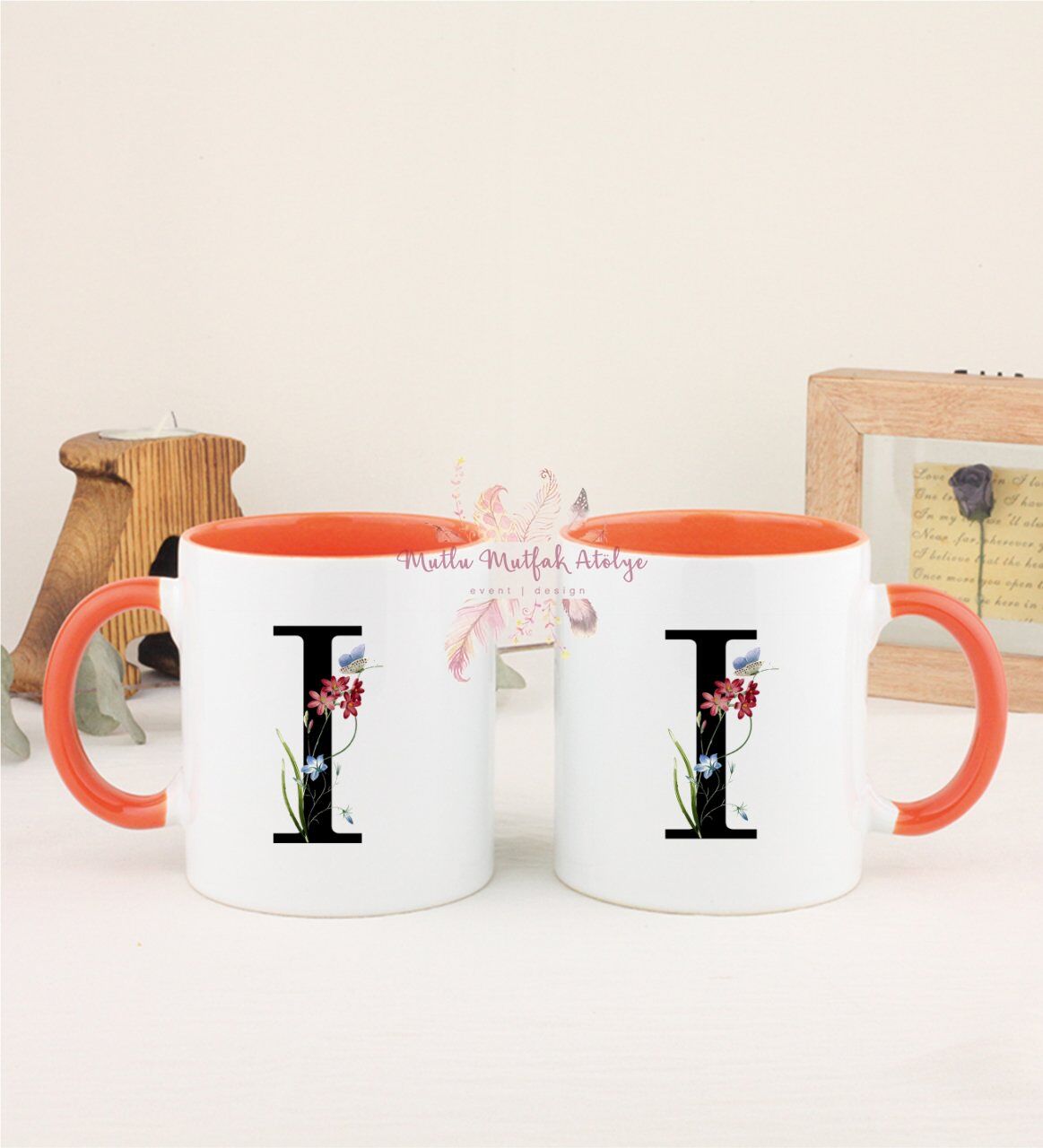I Harfi Çiçek Desenli İkili Turuncu Kupa Bardak