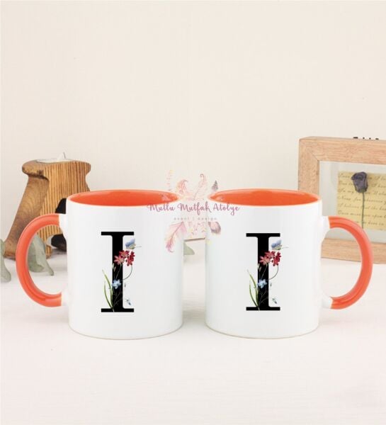 I Harfi Çiçek Desenli İkili Turuncu Kupa Bardak