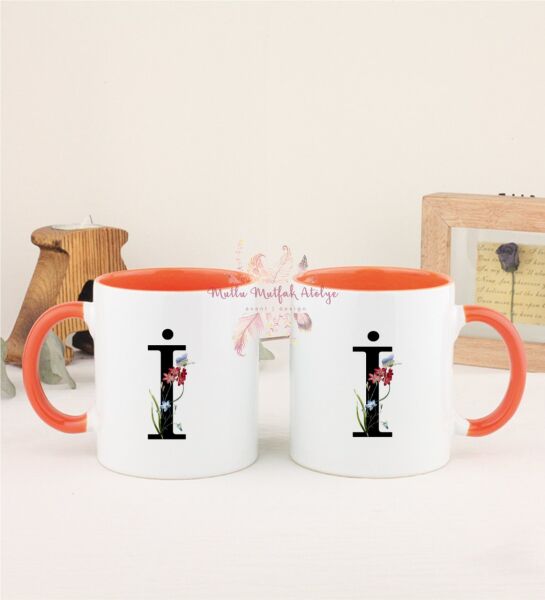 İ Harfi Çiçek Desenli İkili Turuncu Kupa Bardak