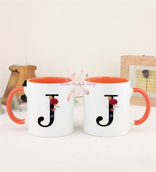 J Harfi Çiçek Desenli İkili Turuncu Kupa Bardak