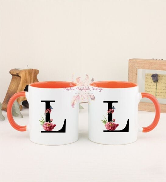 L Harfi Çiçek Desenli İkili Turuncu Kupa Bardak