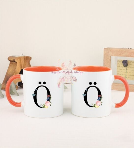 Ö Harfi Çiçek Desenli İkili Turuncu Kupa Bardak