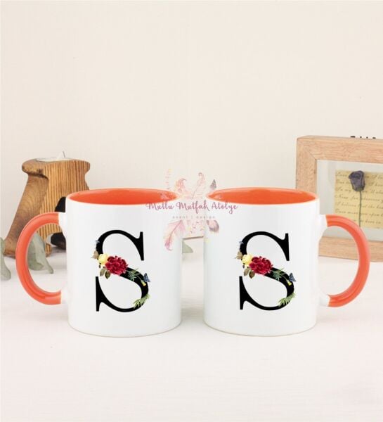 S Harfi Çiçek Desenli İkili Turuncu Kupa Bardak