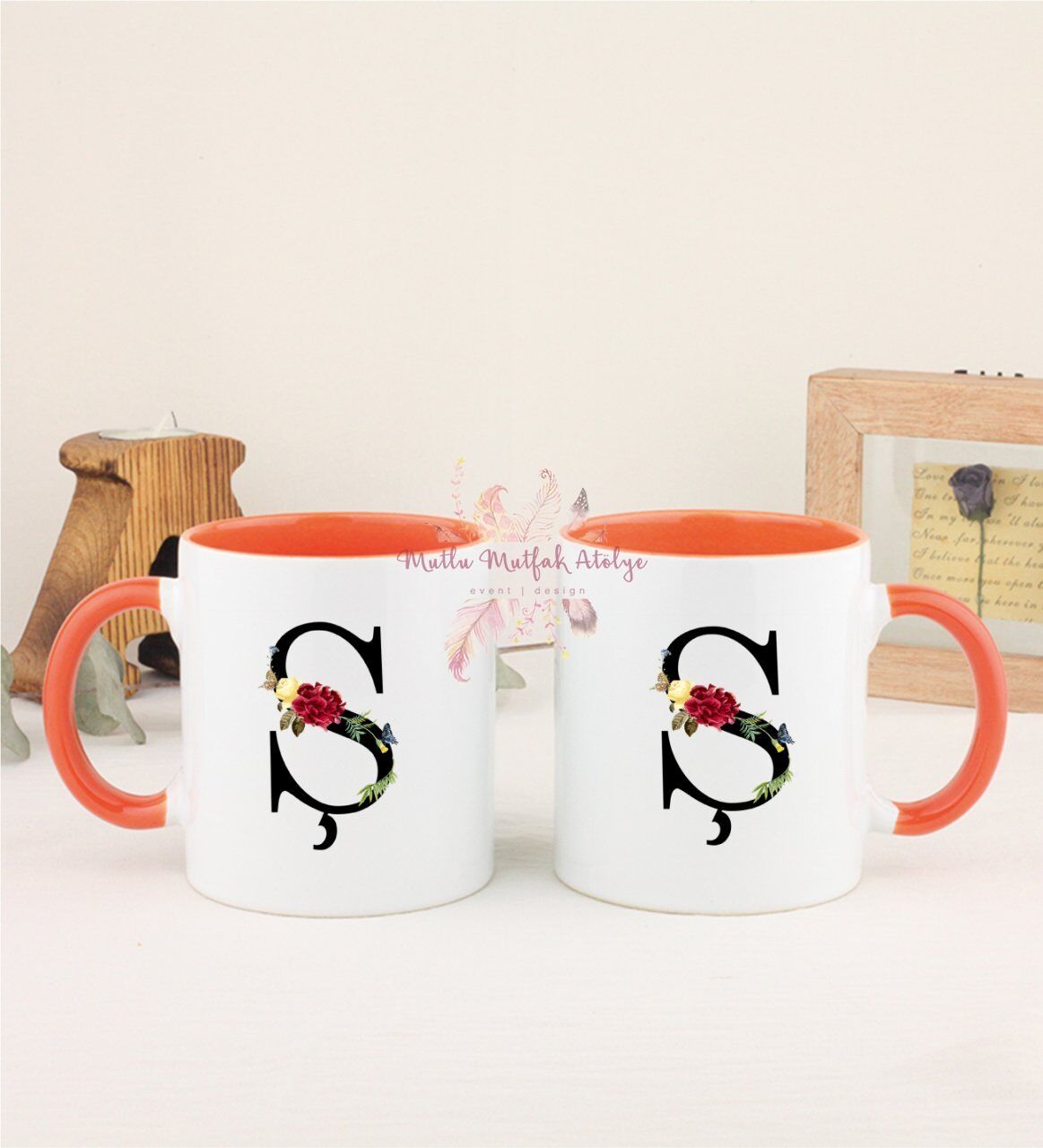 Ş Harfi Çiçek Desenli İkili Turuncu Kupa Bardak