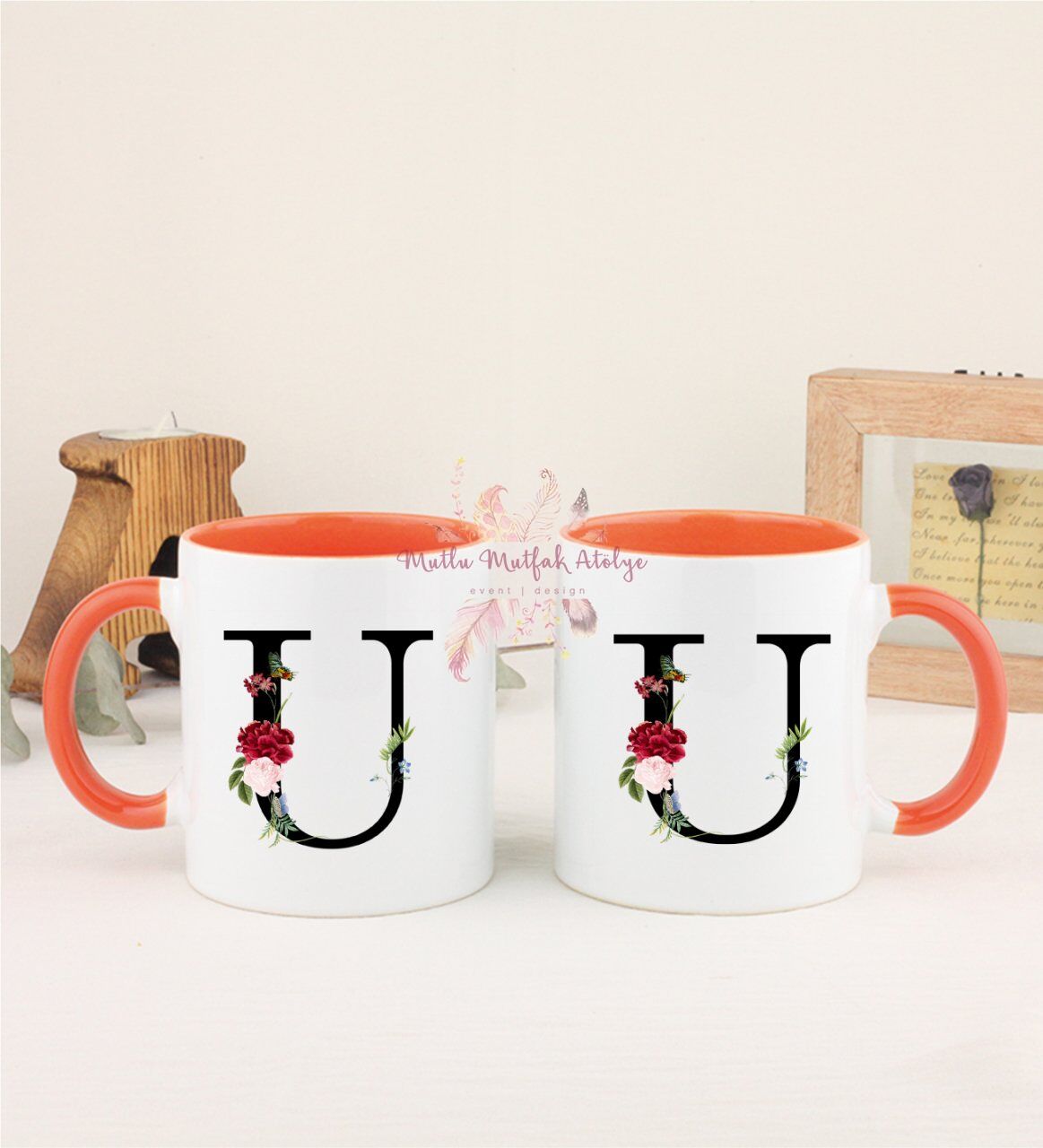 U Harfi Çiçek Desenli İkili Turuncu Kupa Bardak