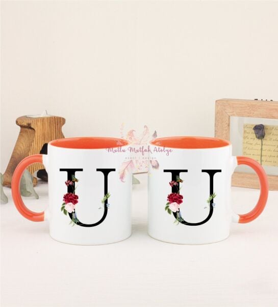 U Harfi Çiçek Desenli İkili Turuncu Kupa Bardak