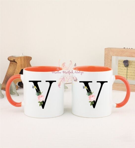 V Harfi Çiçek Desenli İkili Turuncu Kupa Bardak