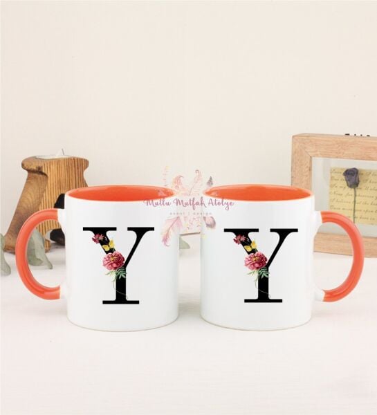 Y Harfi Çiçek Desenli İkili Turuncu Kupa Bardak
