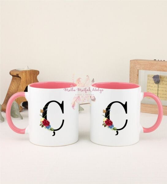 Ç Harfi Çiçek Desenli İkili Pembe Kupa Bardak