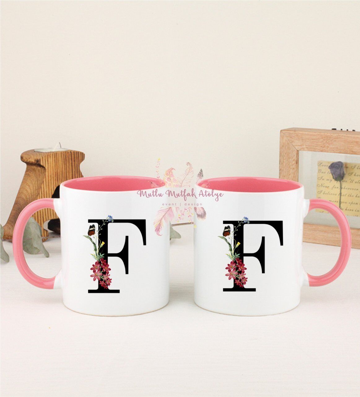 F Harfi Çiçek Desenli İkili Pembe Kupa Bardak