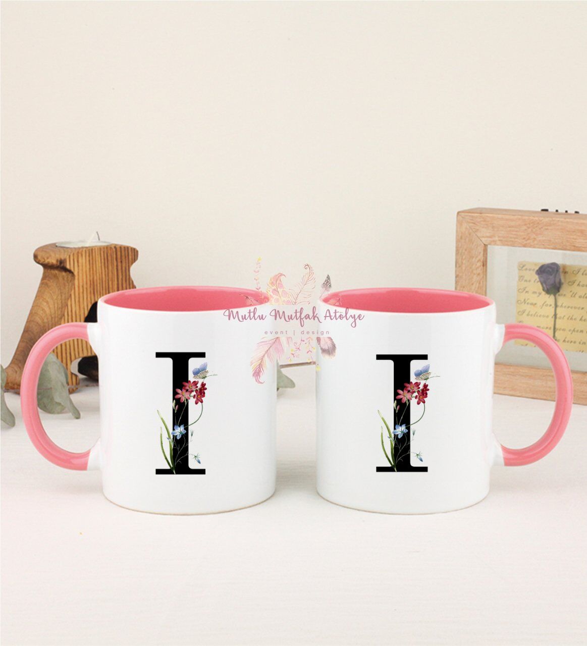 I Harfi Çiçek Desenli İkili Pembe Kupa Bardak