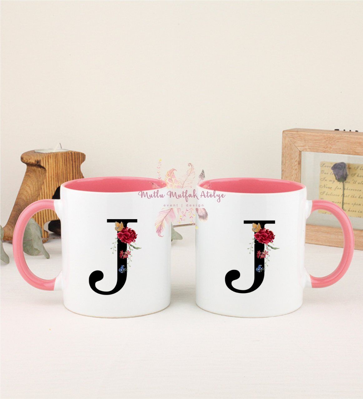 J Harfi Çiçek Desenli İkili Pembe Kupa Bardak