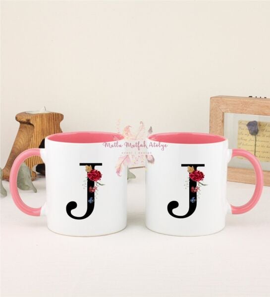 J Harfi Çiçek Desenli İkili Pembe Kupa Bardak