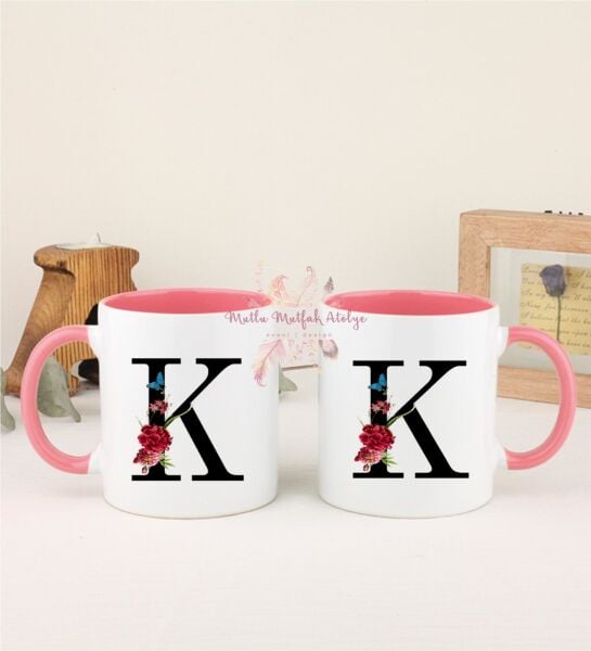K Harfi Çiçek Desenli İkili Pembe Kupa Bardak