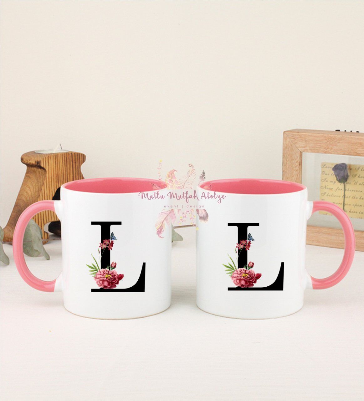 L Harfi Çiçek Desenli İkili Pembe Kupa Bardak