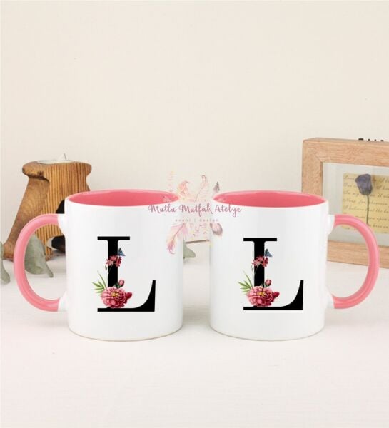 L Harfi Çiçek Desenli İkili Pembe Kupa Bardak