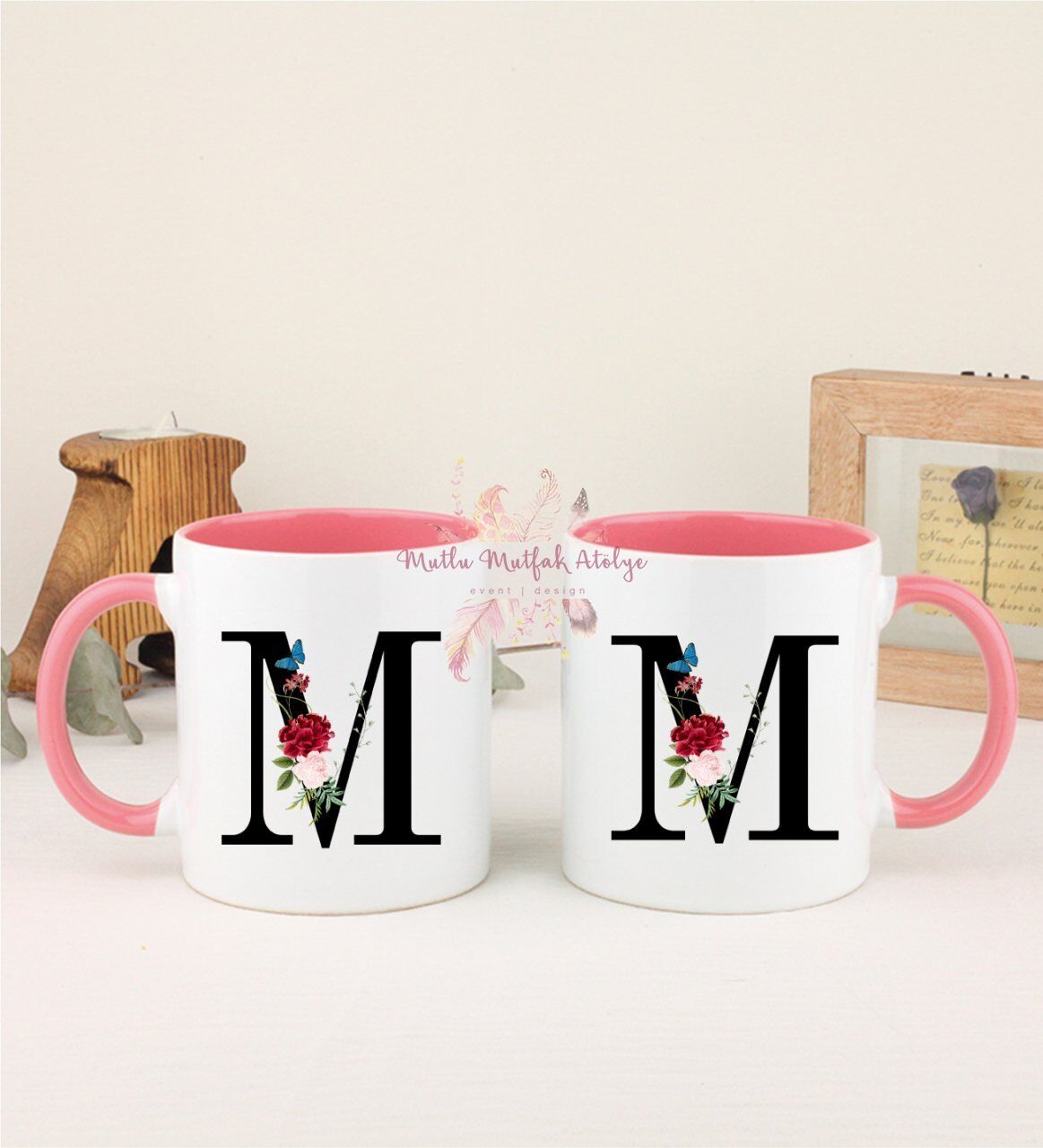 M Harfi Çiçek Desenli İkili Pembe Kupa Bardak