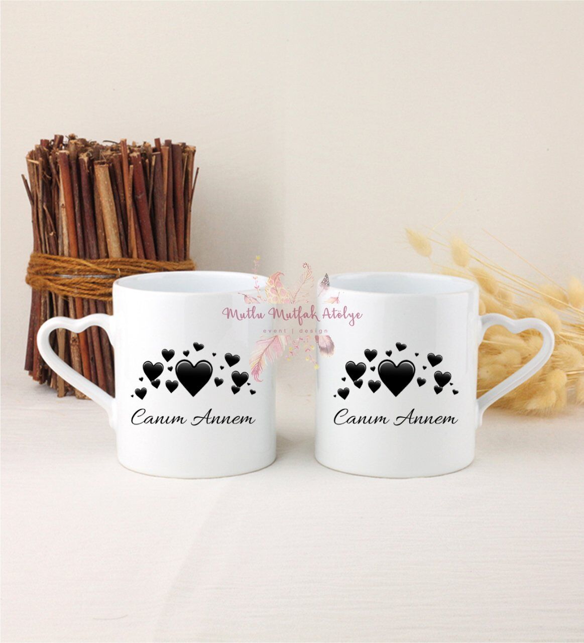 Anneler Günü Canım Annem İkili Beyaz Kalpli Kupa Bardak