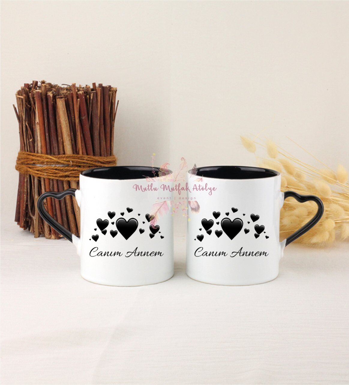 Anneler Günü Canım Annem İkili Siyah Kalpli Kupa Bardak
