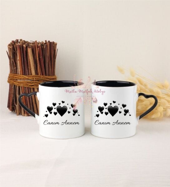 Anneler Günü Canım Annem İkili Siyah Kalpli Kupa Bardak
