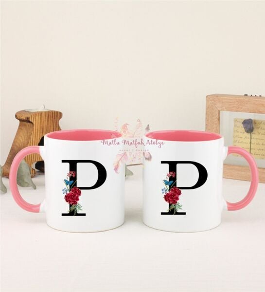 P Harfi Çiçek Desenli İkili Pembe Kupa Bardak