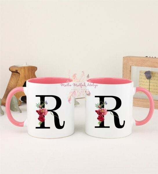 R Harfi Çiçek Desenli İkili Pembe Kupa Bardak
