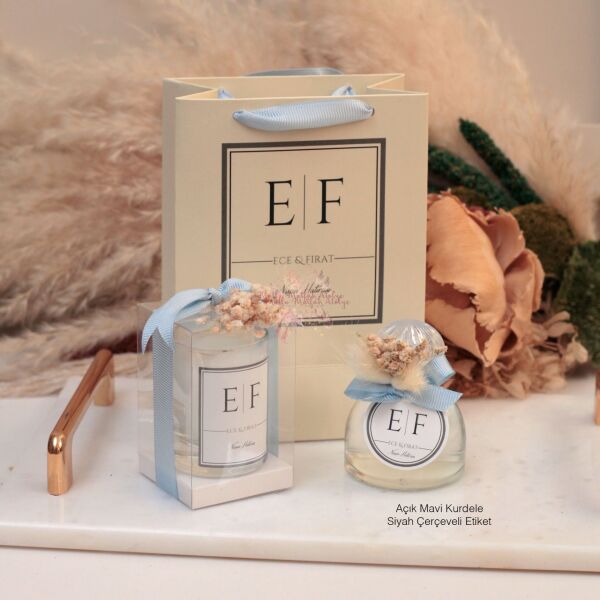 Hediyelik Çiçekli Yükseltili Kokulu Mum,Çiçek Süslemeli Hediyelik Kolonya ve Baskılı Karton Çanta Seti