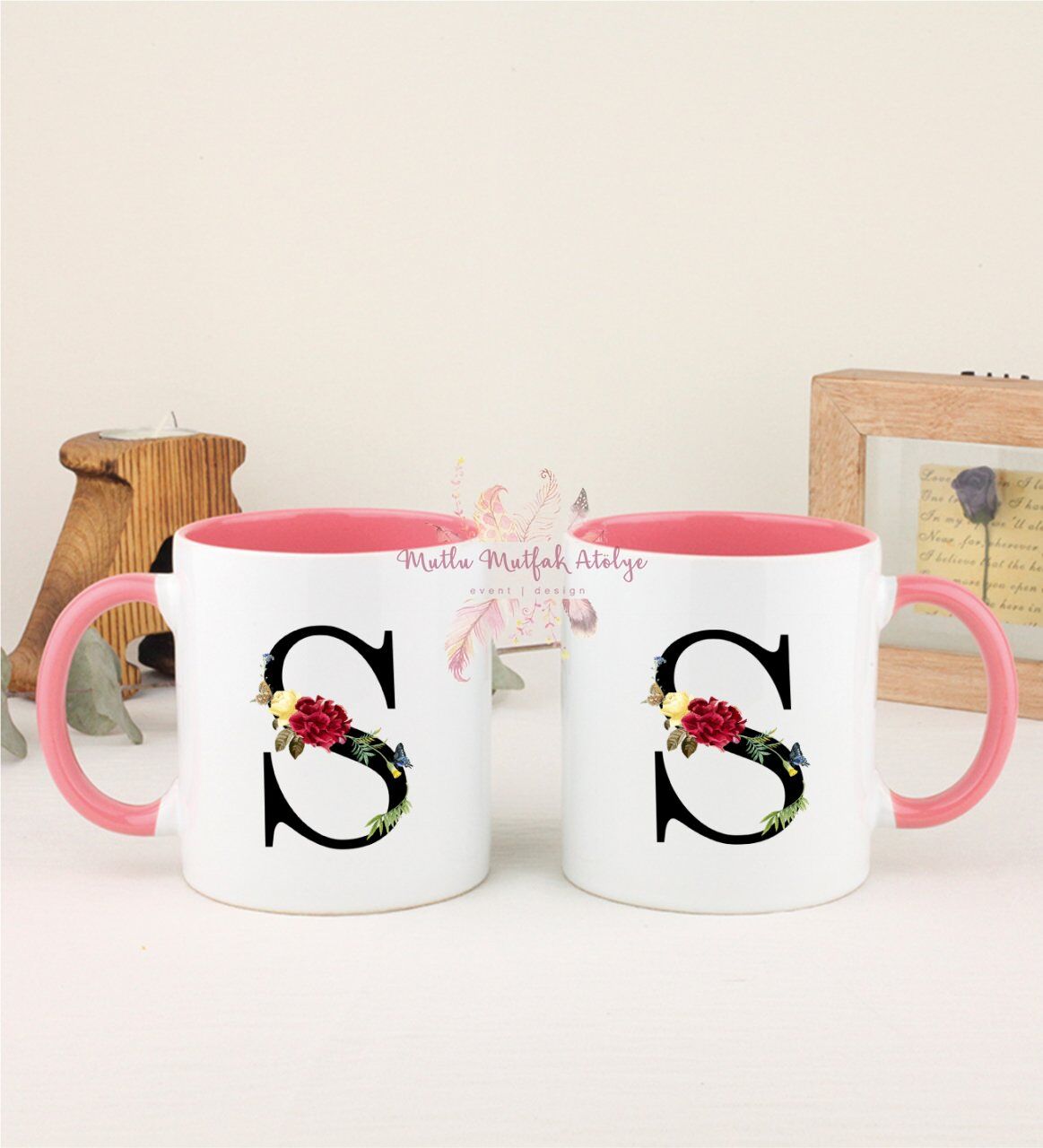 S Harfi Çiçek Desenli İkili Pembe Kupa Bardak