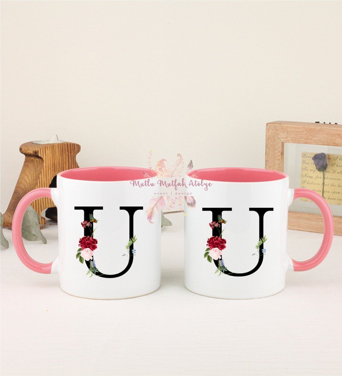 U Harfi Çiçek Desenli İkili Pembe Kupa Bardak