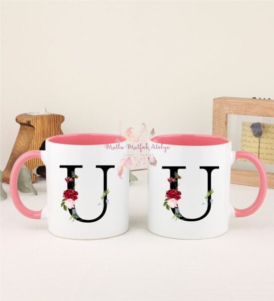 U Harfi Çiçek Desenli İkili Pembe Kupa Bardak